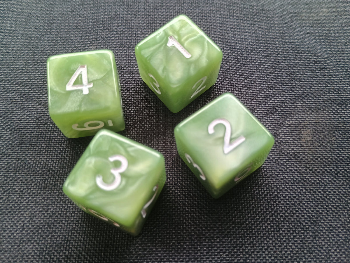 Pack of 4 Light Green Marble with white numbers six sided 16mm dice d6
