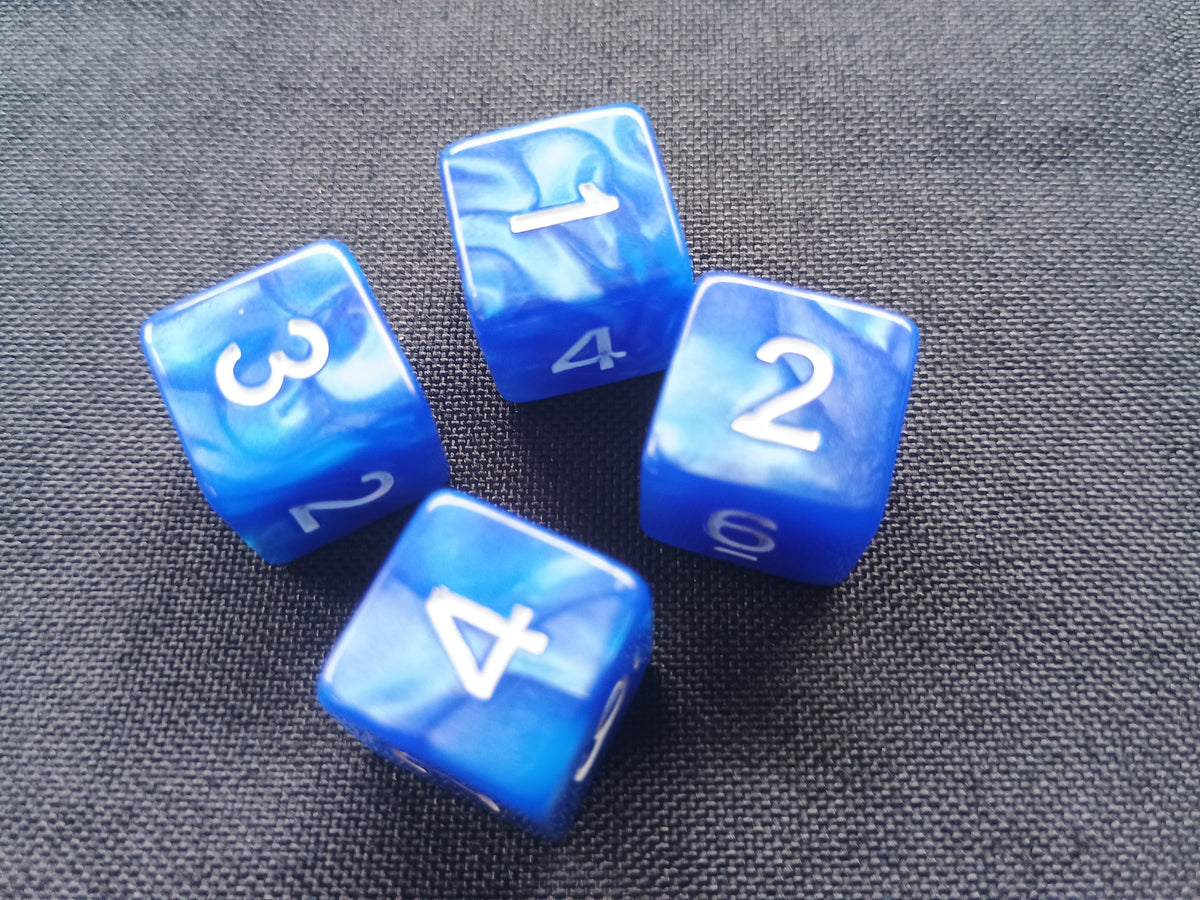 Pack of 4 Blue Marble with white numbers six sided 16mm dice d6