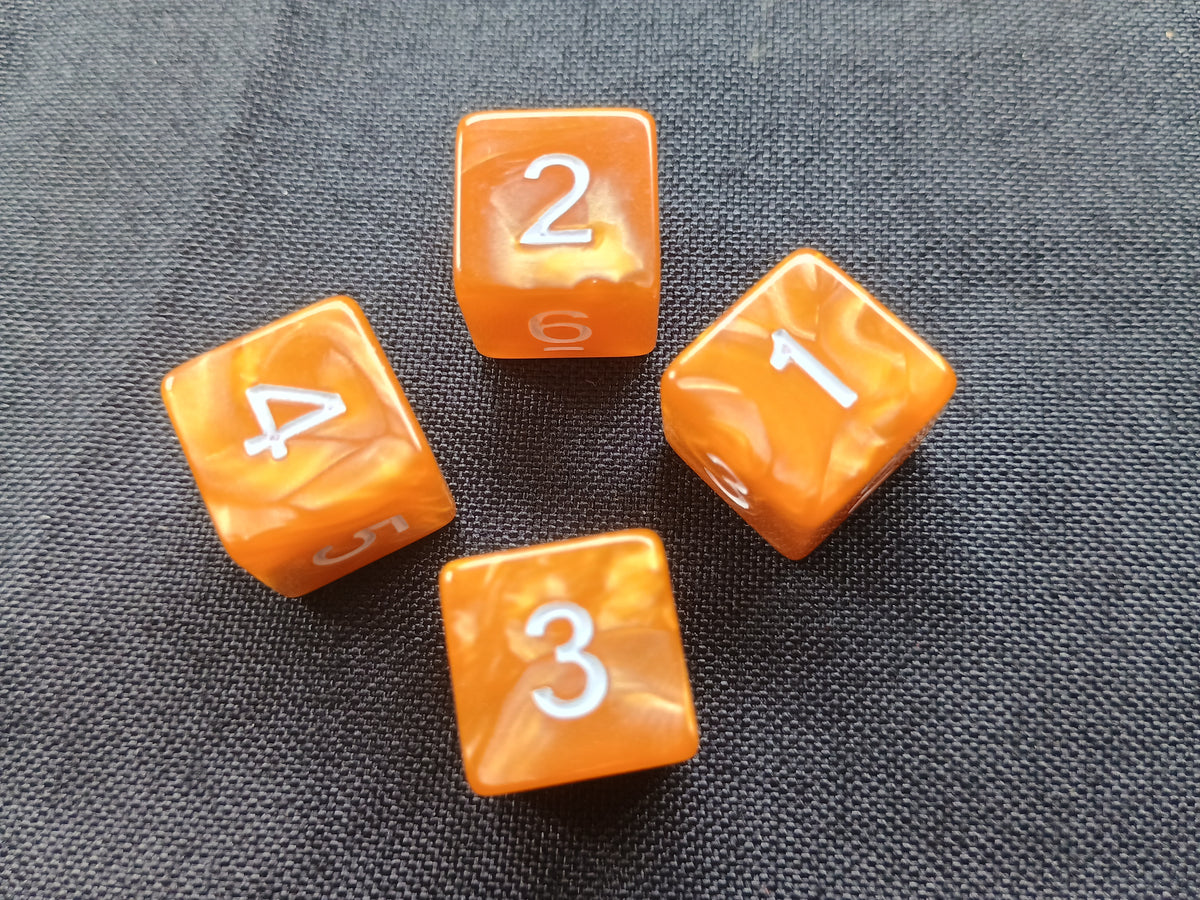 Pack of 4 Orange Marble with white numbers six sided 16mm dice d6