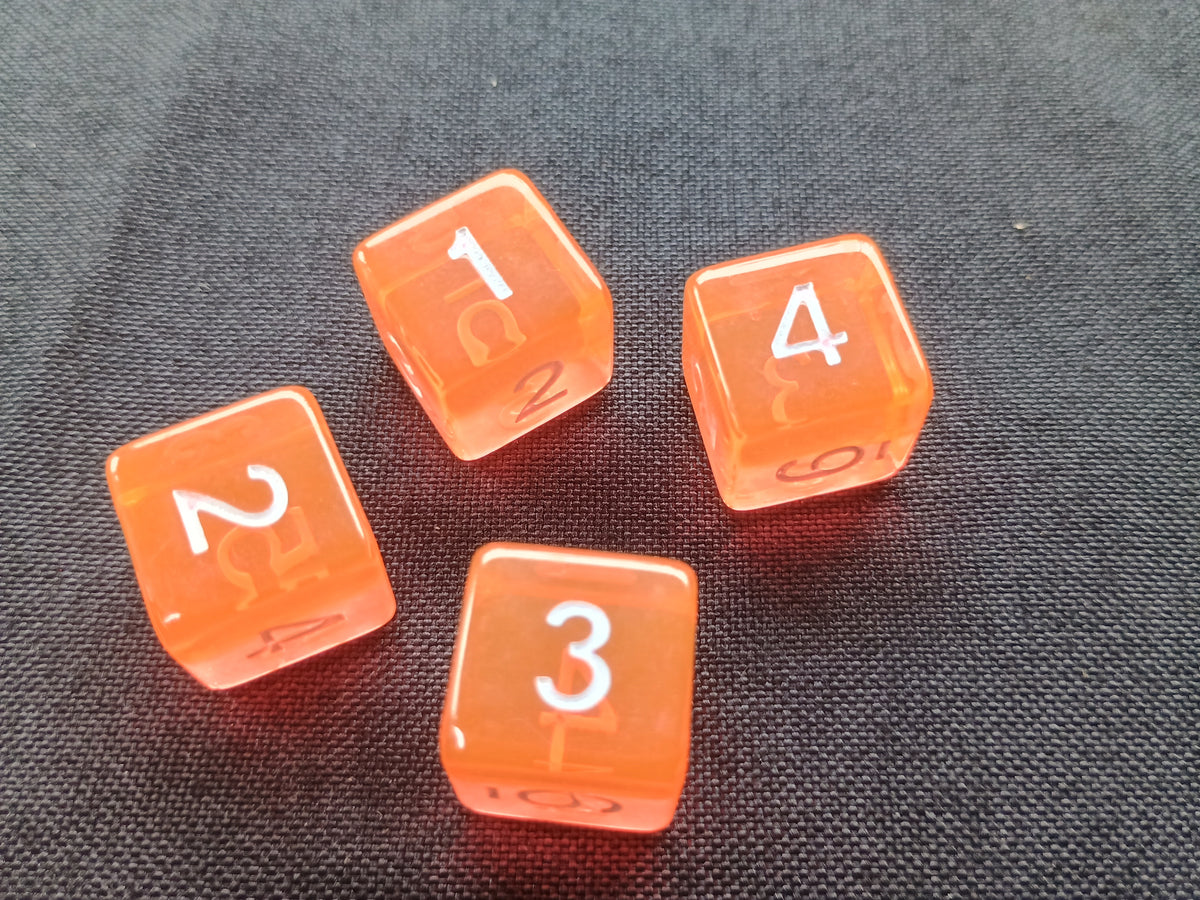 Pack of 4 Orange transparent with white numbers six sided 16mm dice d6