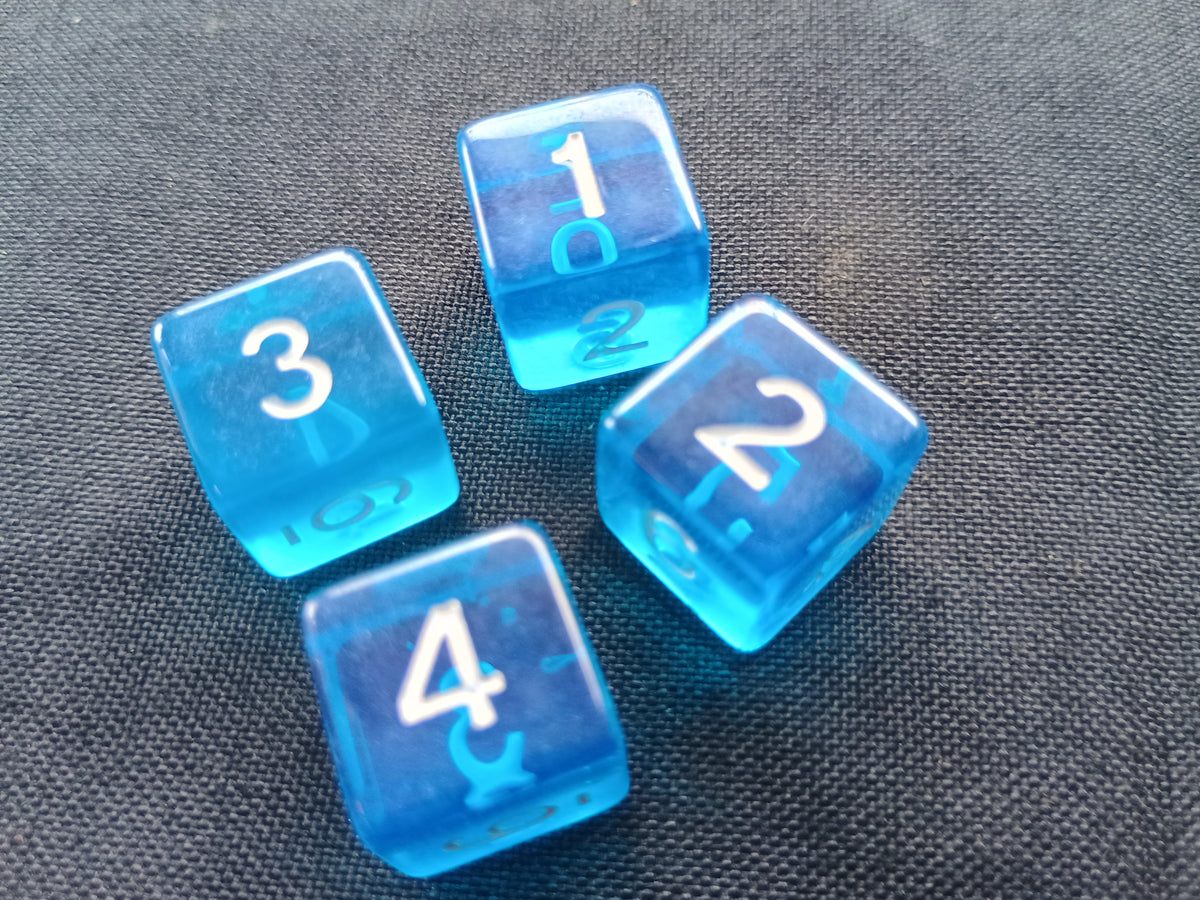 Pack of 4 Blue transparent with white numbers six sided 16mm dice d6
