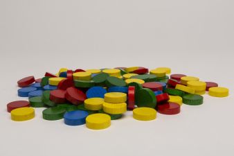 Bag of 120 wooden 15x4mm discs (red, yellow, blue, green)