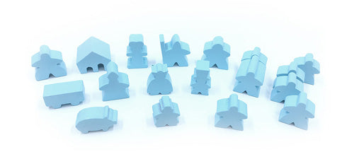Complete 19 piece sky blue set of Carcassonne meeples