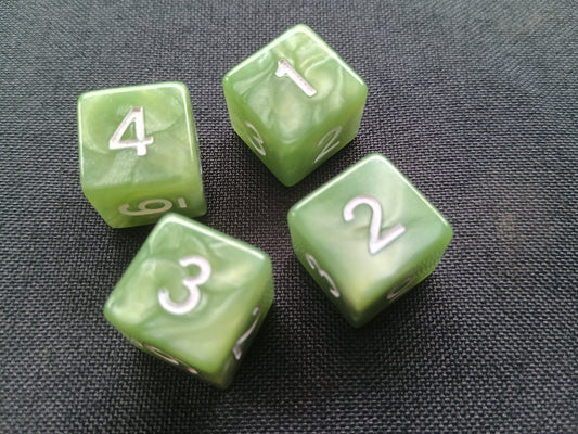 Pack of 4 Light Green Marble with white numbers six sided 16mm dice d6