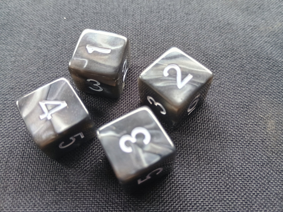 Pack of 4 Black Marble with white numbers six sided 16mm dice d6