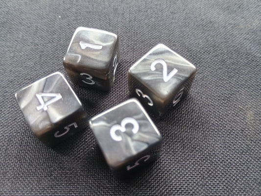 Pack of 4 Black Marble with white numbers six sided 16mm dice d6