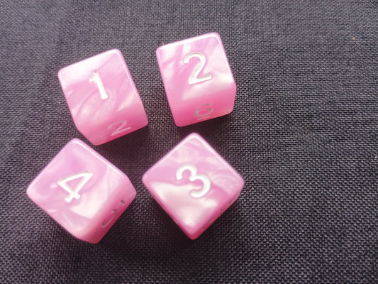Pack of 4 Pink Marble with white numbers six sided 16mm dice d6