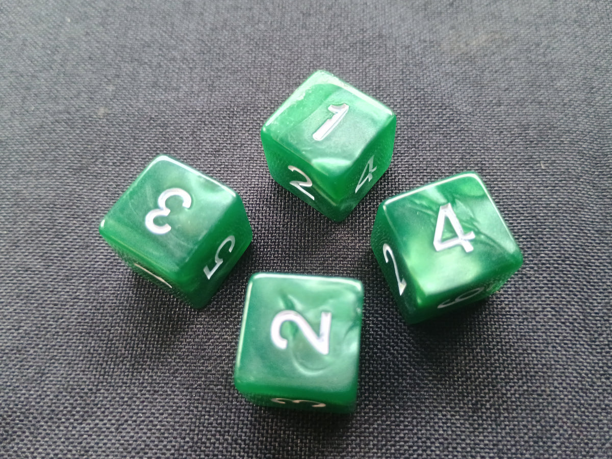 Pack of 4 Dark Green Marble with white numbers six sided 16mm dice d6