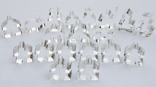 Complete 19 piece clear transparent set of Carcassonne meeples