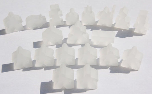 Complete 19 piece white frosted set of Carcassonne meeples
