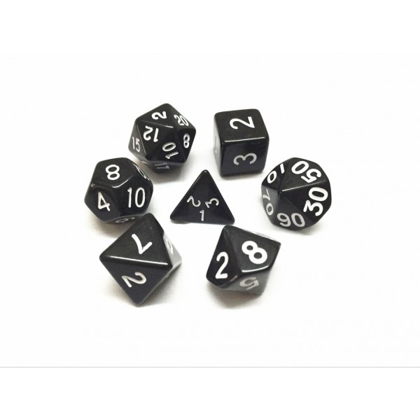 Black Roleplaying Dice Set ideal for DND with matching small cotton drawstring dice bag