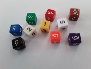 Black opaque with white numbers six sided dice D6