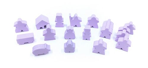Complete 19 piece lavender set of Carcassonne meeples