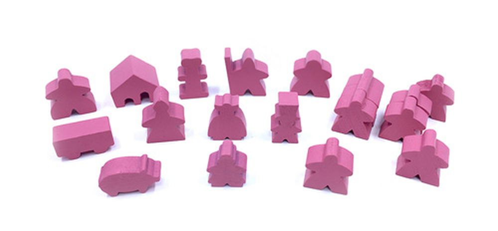 Complete 19 piece pink set of Carcassonne meeples