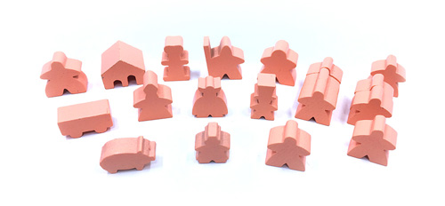 Complete 19 piece salmon set of Carcassonne meeples