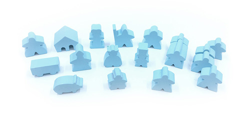 Complete 19 piece sky blue set of Carcassonne meeples