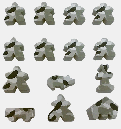 Complete alpine grey camouflage set of Carcassonne meeples including 6 extra bits