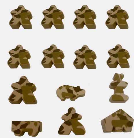 Complete desert tan camouflage set of Carcassonne meeples including 6 extra bits