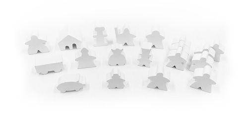 Complete 19 piece white set of Carcassonne meeples
