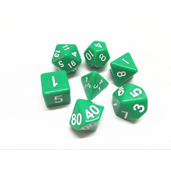 Green Roleplaying Dice Set ideal for DND with matching small cotton drawstring dice bag