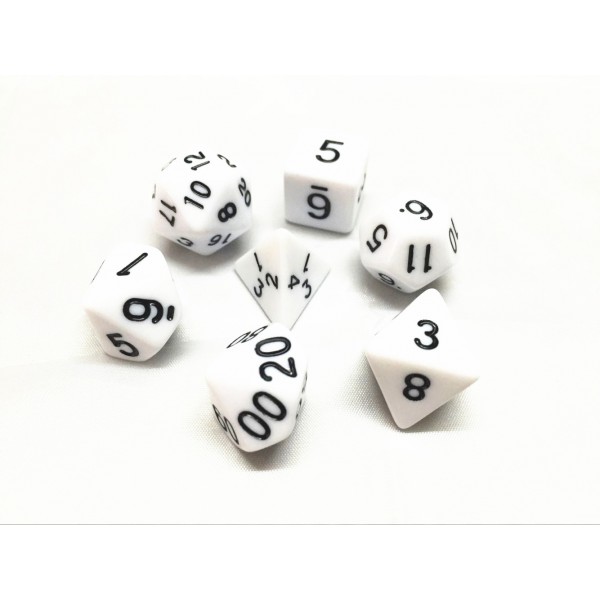 White Roleplaying Dice Set ideal for DND with matching small cotton drawstring dice bag