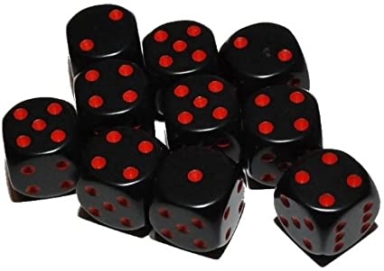 Black six sided 16mm d6 dice with Red spots