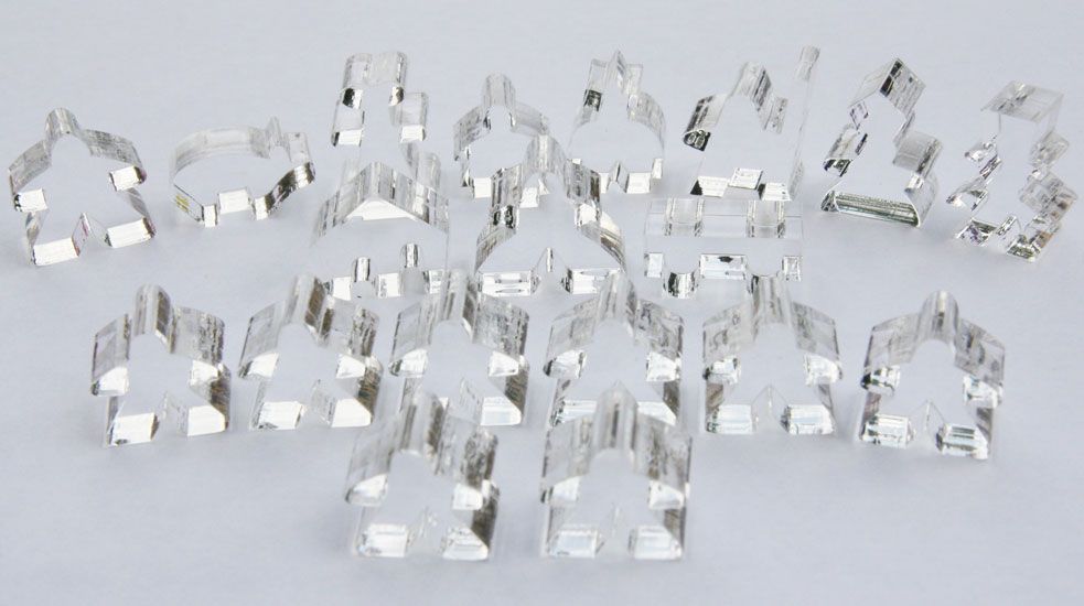 Complete 19 piece clear transparent set of Carcassonne meeples