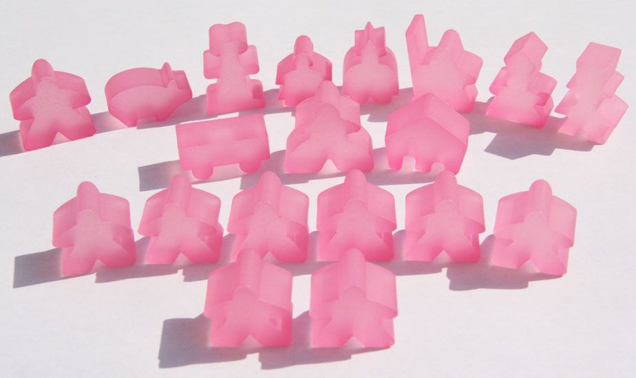 Complete 19 piece pink frosted set of Carcassonne meeples