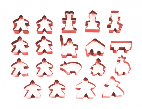 Complete 19 piece red transparent set of Carcassonne meeples