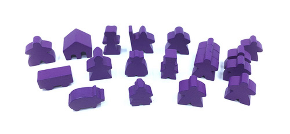Complete 19 piece set of purple Carcassonne meeples
