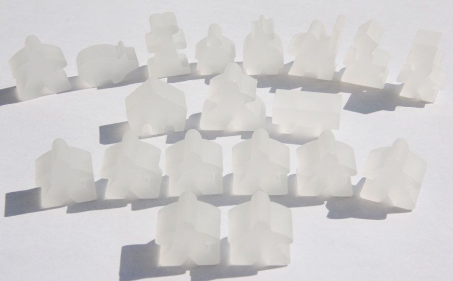Complete 19 piece white frosted set of Carcassonne meeples