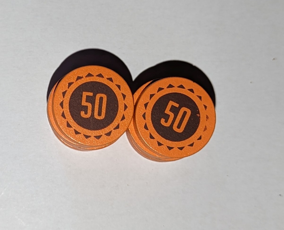 Pack of 10x 50 denomination wooden money discs